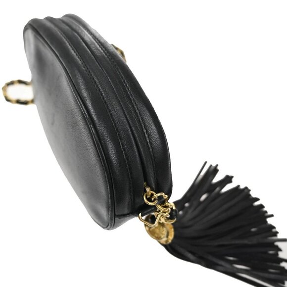 CHANEL CC Logo Tassel Oval Chain Shoulder Bag Leather Black GHW Vintage 395RL384 - Picture 9 of 16